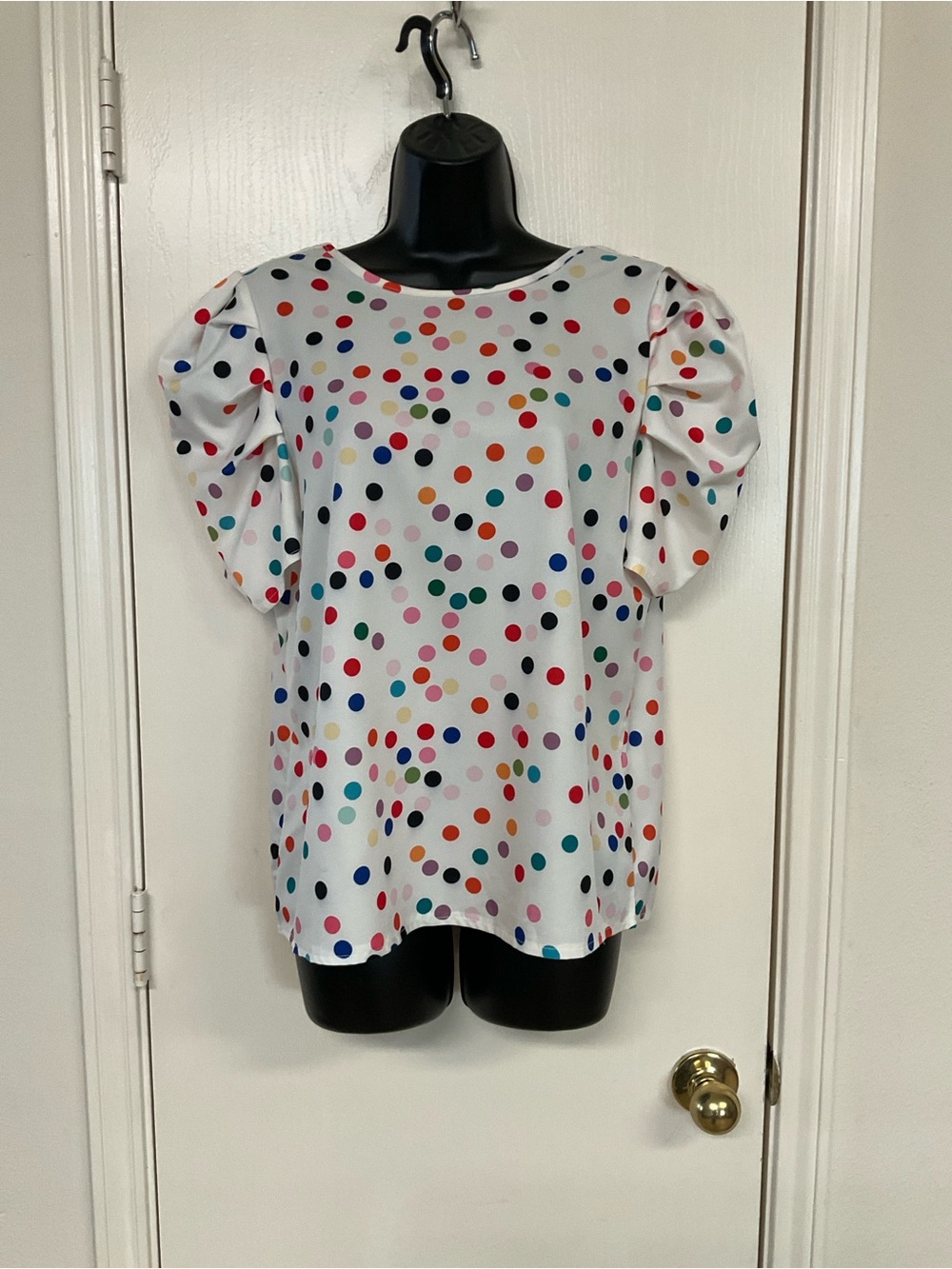 Shein White Multicolor Polka Dot Puff Sleeve Blouse